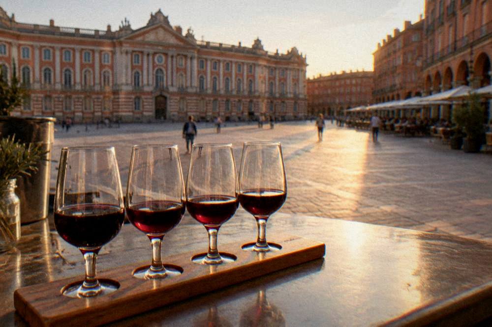 A tasting flight of red wines on a bar counter
