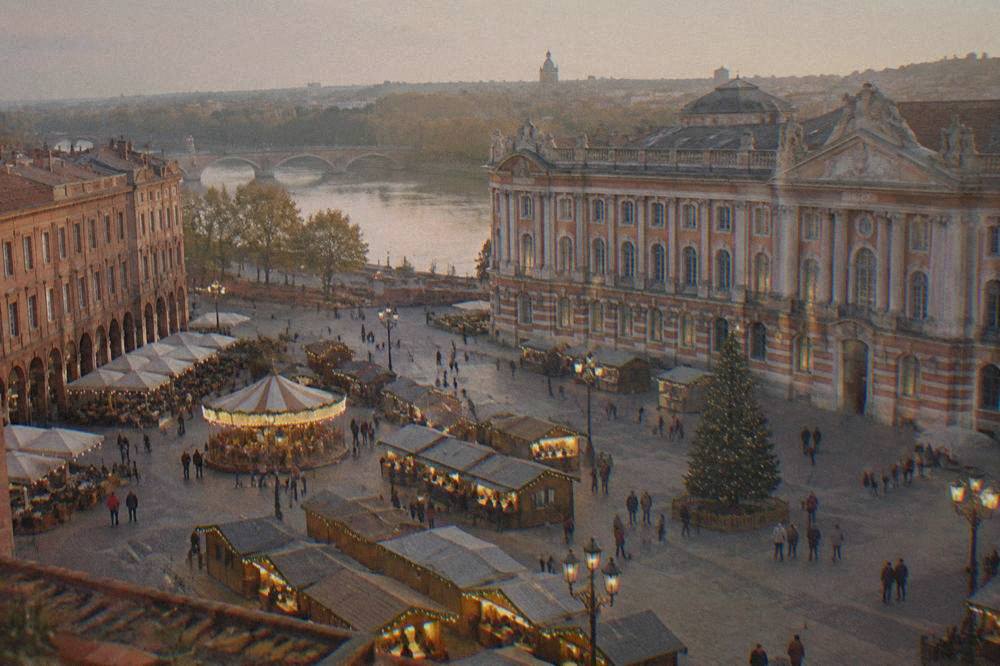 Festive market chalets lit up at dusk on a Toulouse square