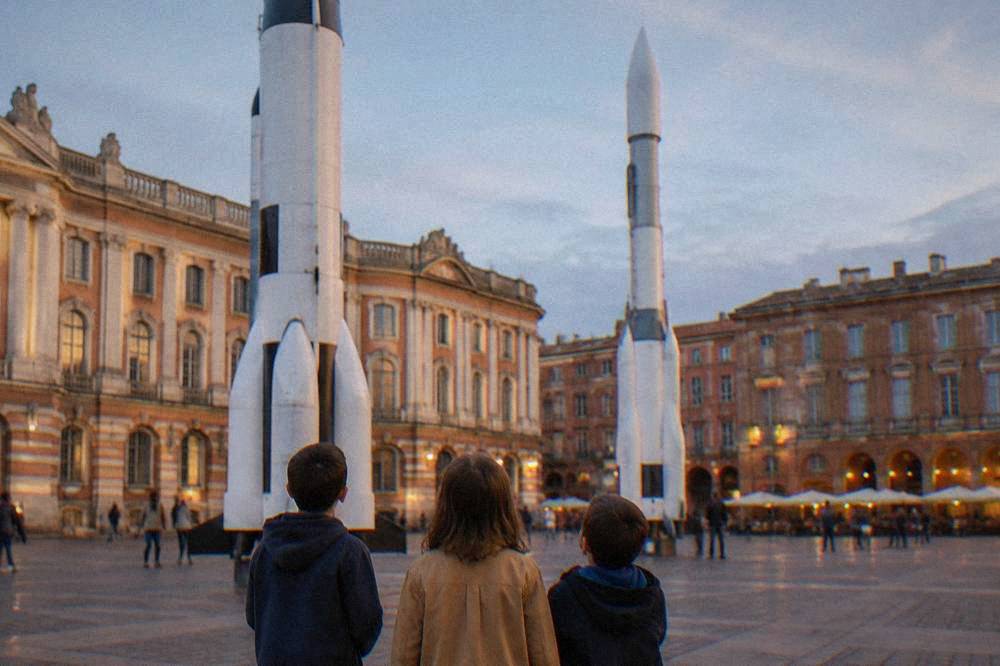 Children looking up at full-scale rocket replicas in an outdoor space exhibition