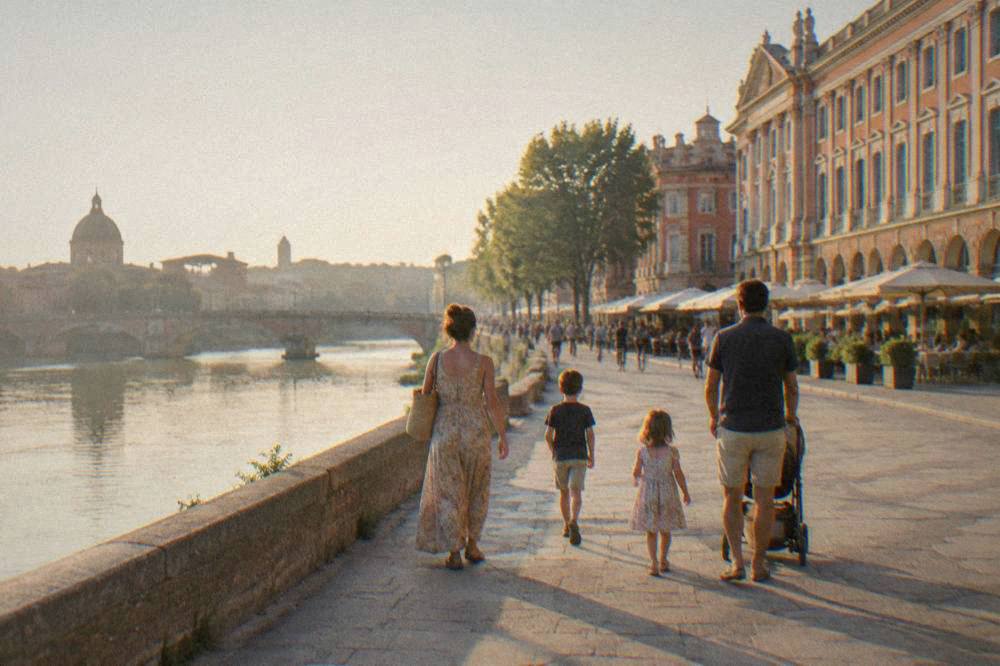 A family with children walking along a riverside promenade in warm evening light
