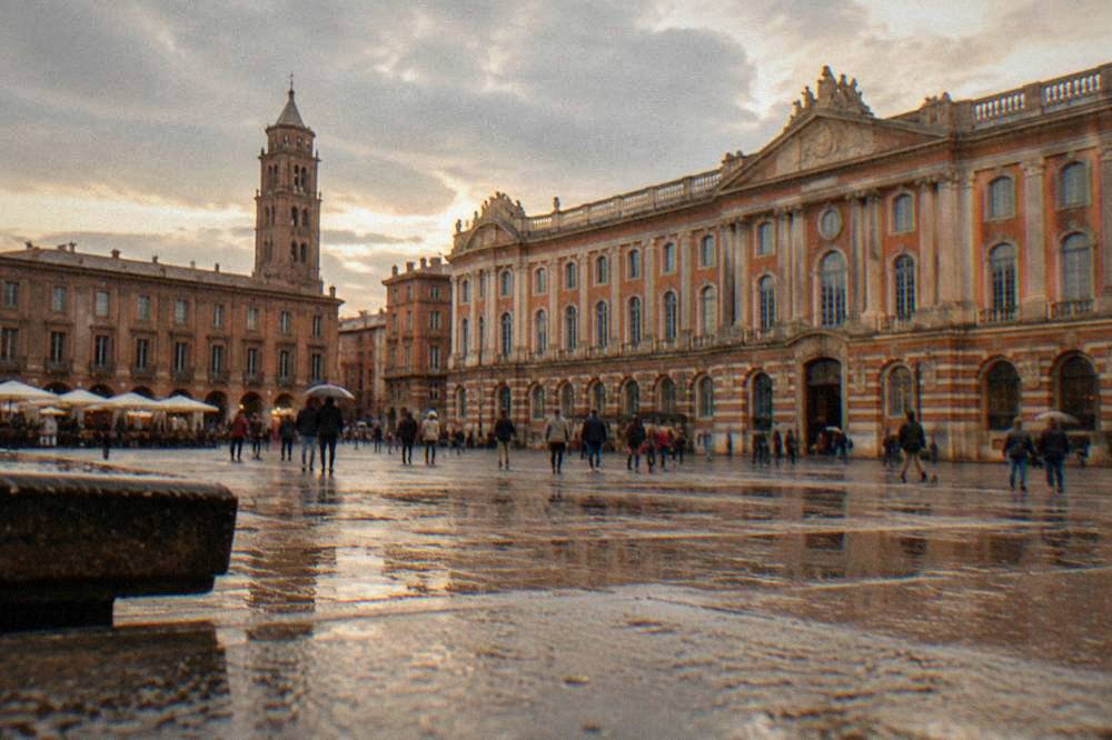 The facade and bell tower of the Capitole on a busy square in Toulouse