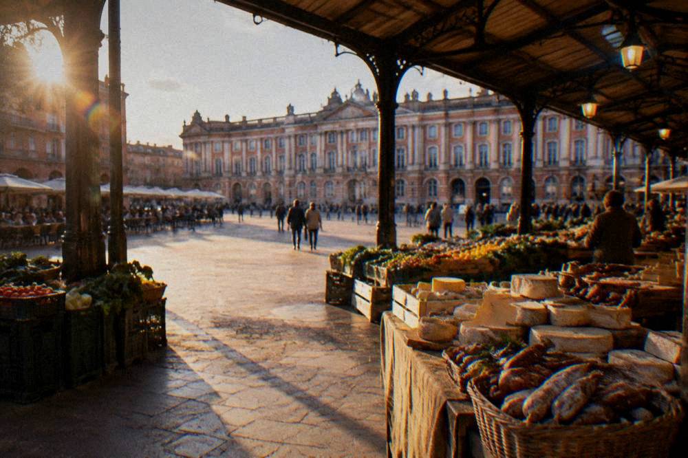 A covered market hall with stalls of cheese, sausage and fresh produce