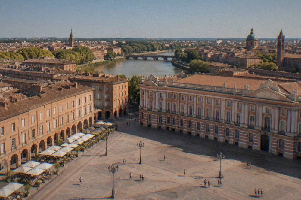 An aerial view of Toulouse with the Garonne river curving through pink rooftops