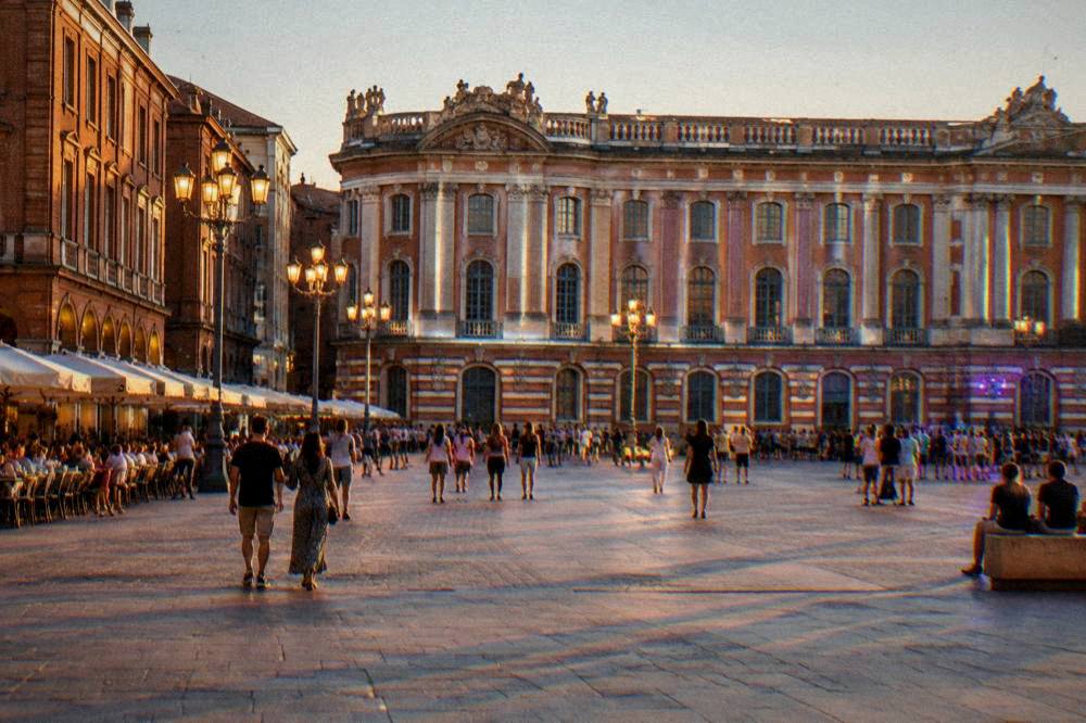 Evening lights on the Place du Capitole in Toulouse during a festival