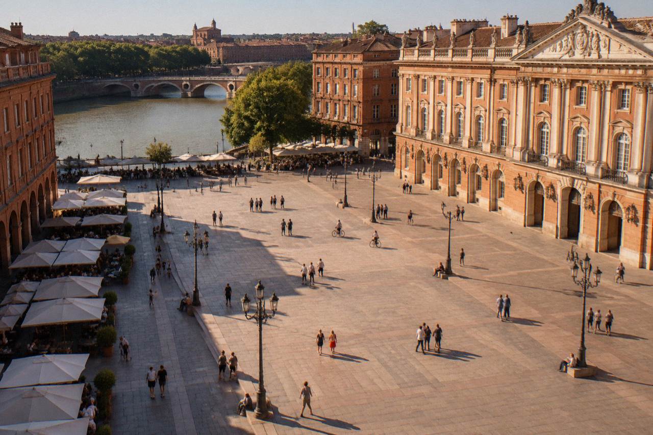 Warm pink brick buildings along a Toulouse street in late afternoon light