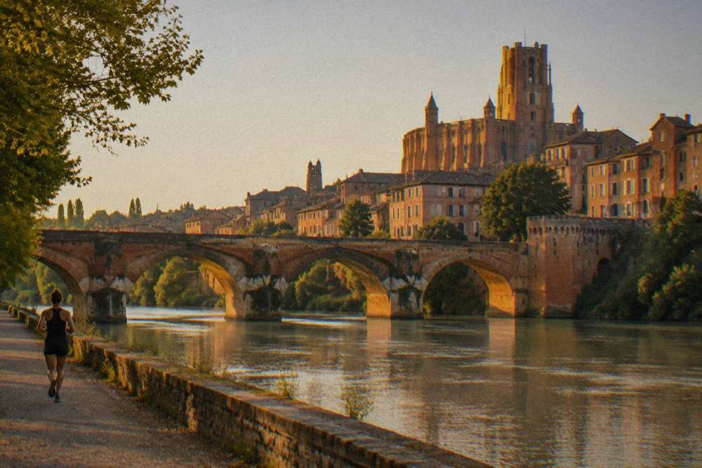 Brick bridge and old buildings in Albi seen from the river