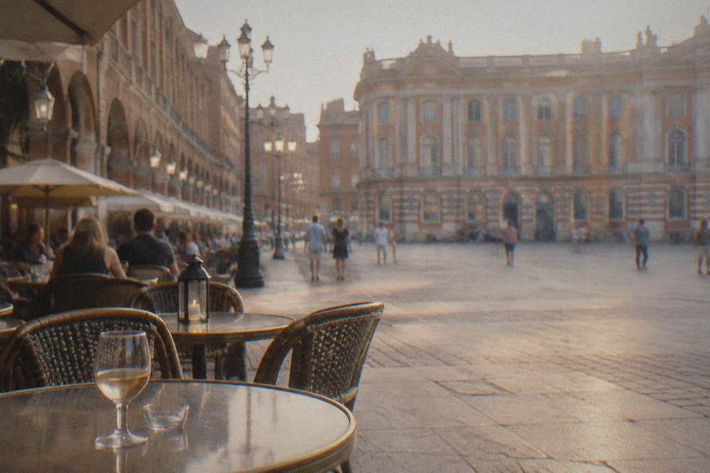 Café tables and lanterns on an evening street in central Toulouse