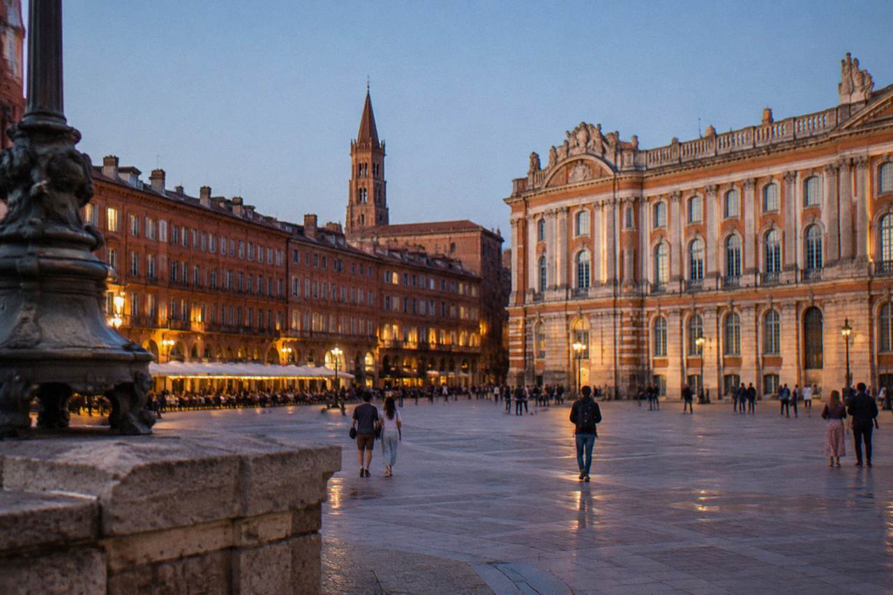 Pink brick buildings and a church tower in central Toulouse under a clear sky