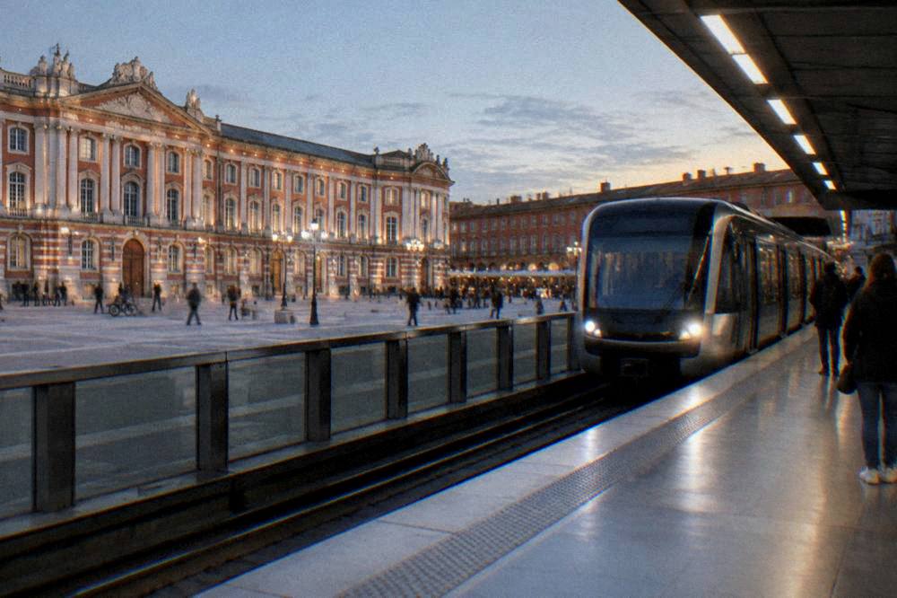 A modern metro station platform in Toulouse with a train arriving