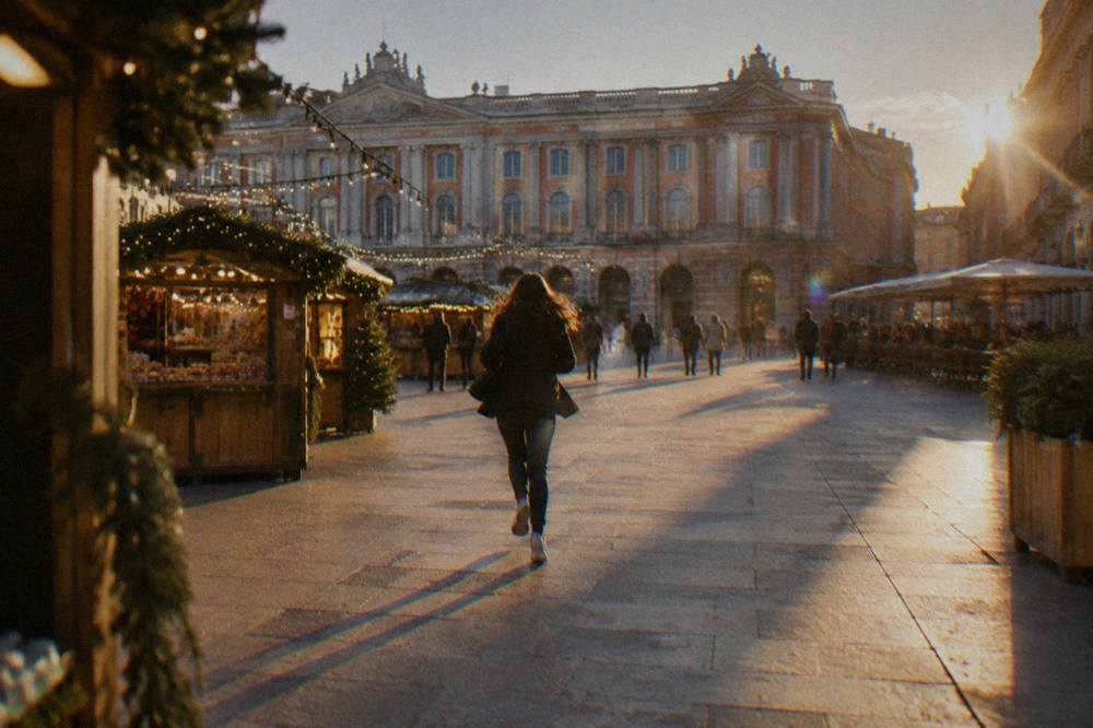 A festive wooden market chalet on a square in Toulouse with lights strung overhead