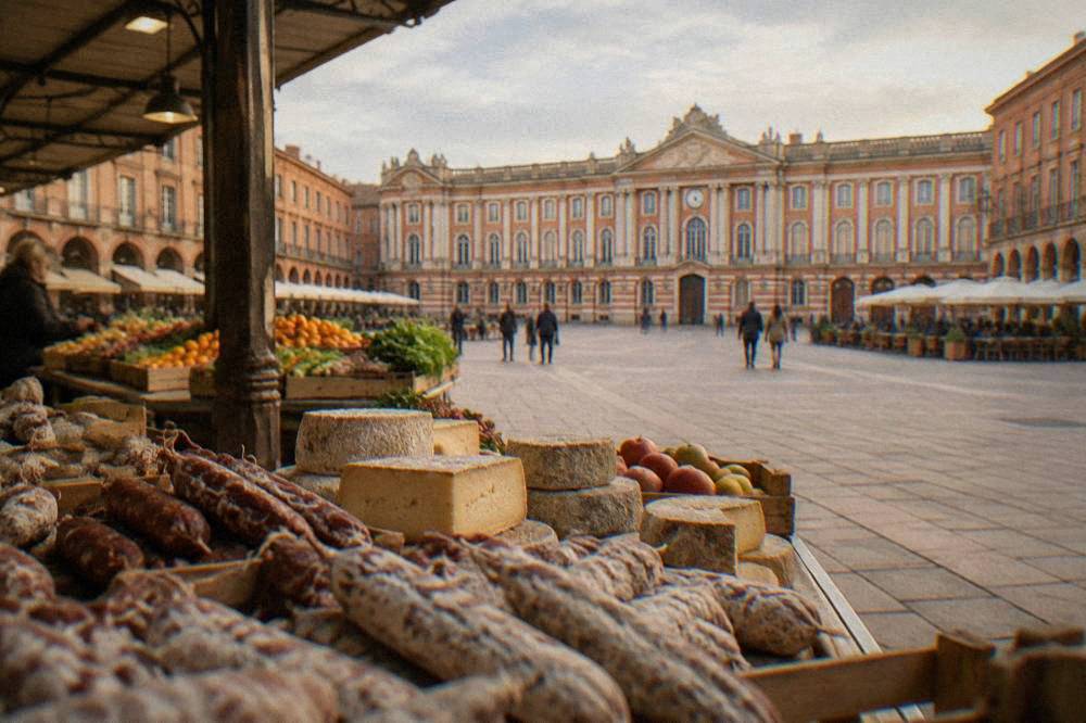 Market stalls with produce, cheese and charcuterie inside a food market hall