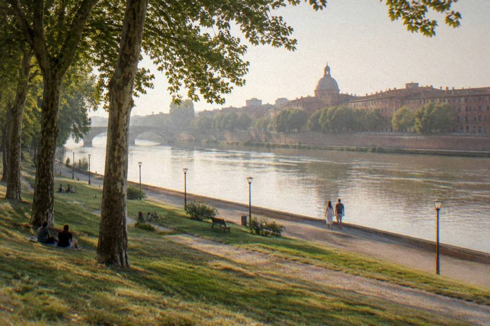 A couple walking along the lit Garonne quays in Toulouse in the evening