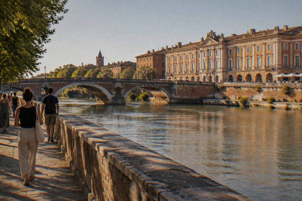 Walkers on a riverside path beside the Garonne in Toulouse