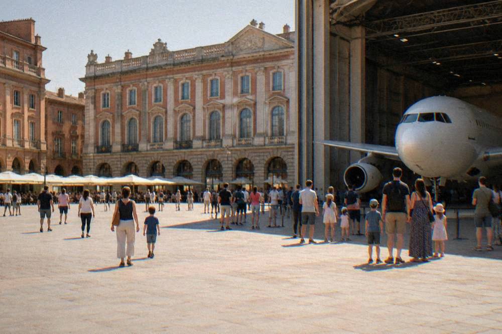 Children and parents looking at a full-size airliner inside a museum hangar