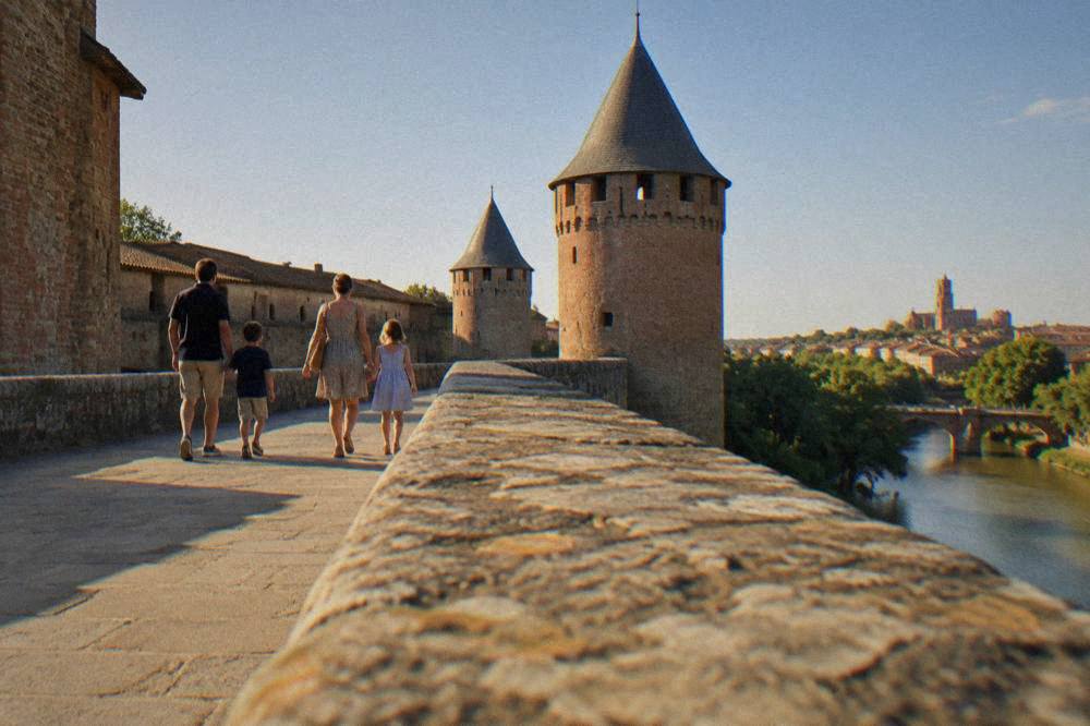A family walking a medieval fortified town's ramparts with towers against the sky